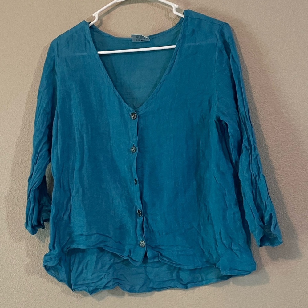 Vtg CLICK Teal Button-Front V-Neck Linen Top